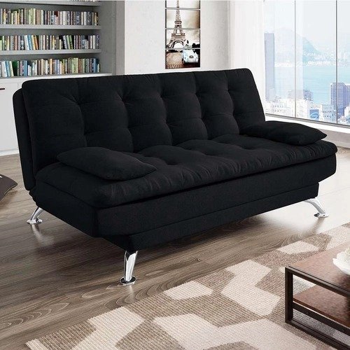 Sofá-Cama Casal 3 Lugares Premium Suede Pés de Metal Preto